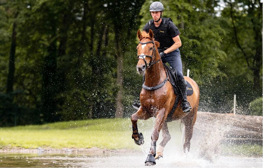 Reiter auf fuchsbraunem Pferd reitet durch Wasser